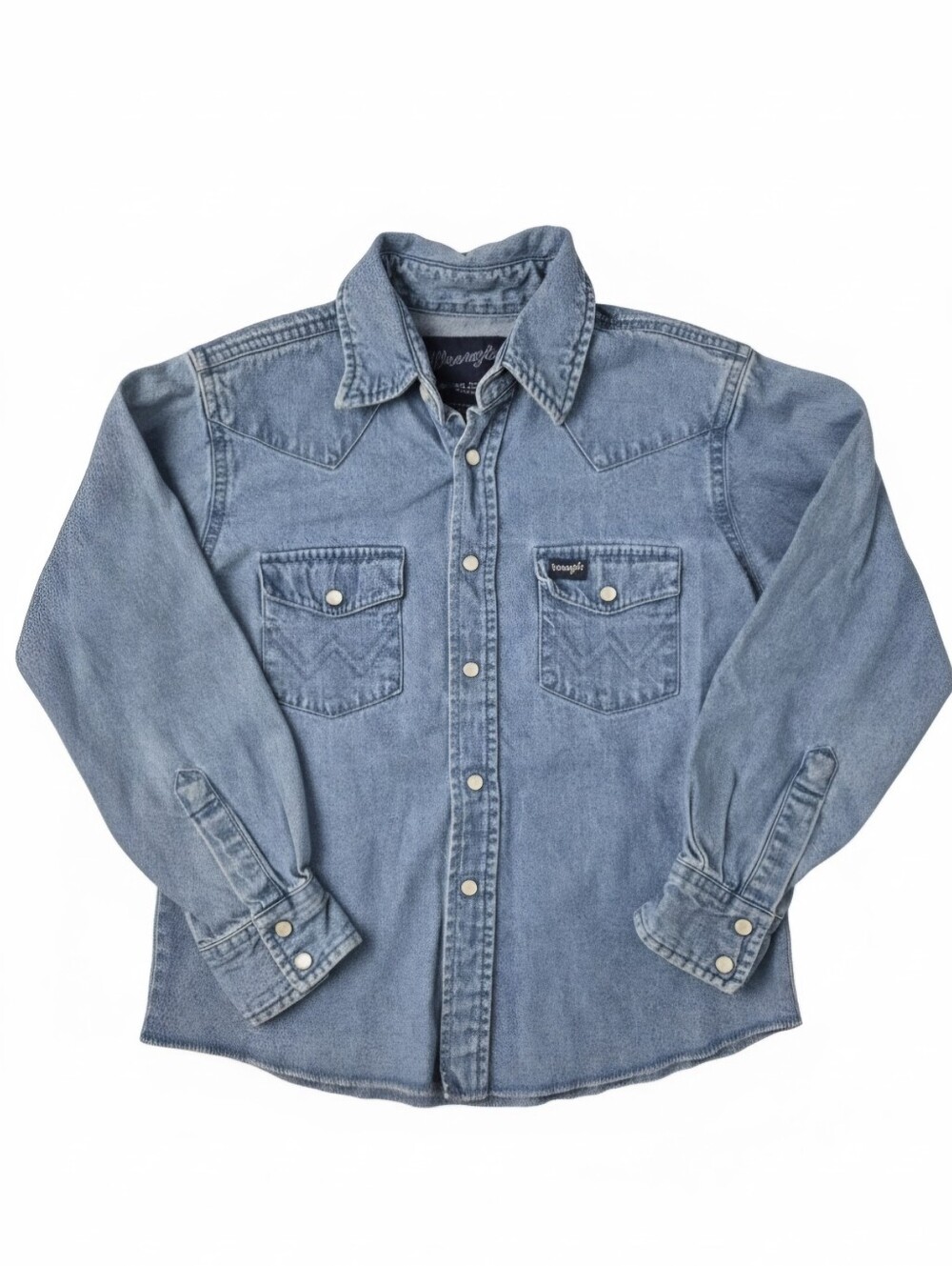Vintage Wrangler Denim Western Shirt Pearl Snap Raw Hem Boys M 7-8 Blue